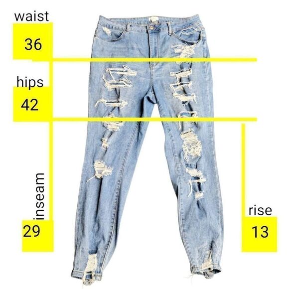 Forever 21 Distressed Faded Blue Denim Ripped Torn Up High Rise Skinny Jeans - Picture 9 of 10